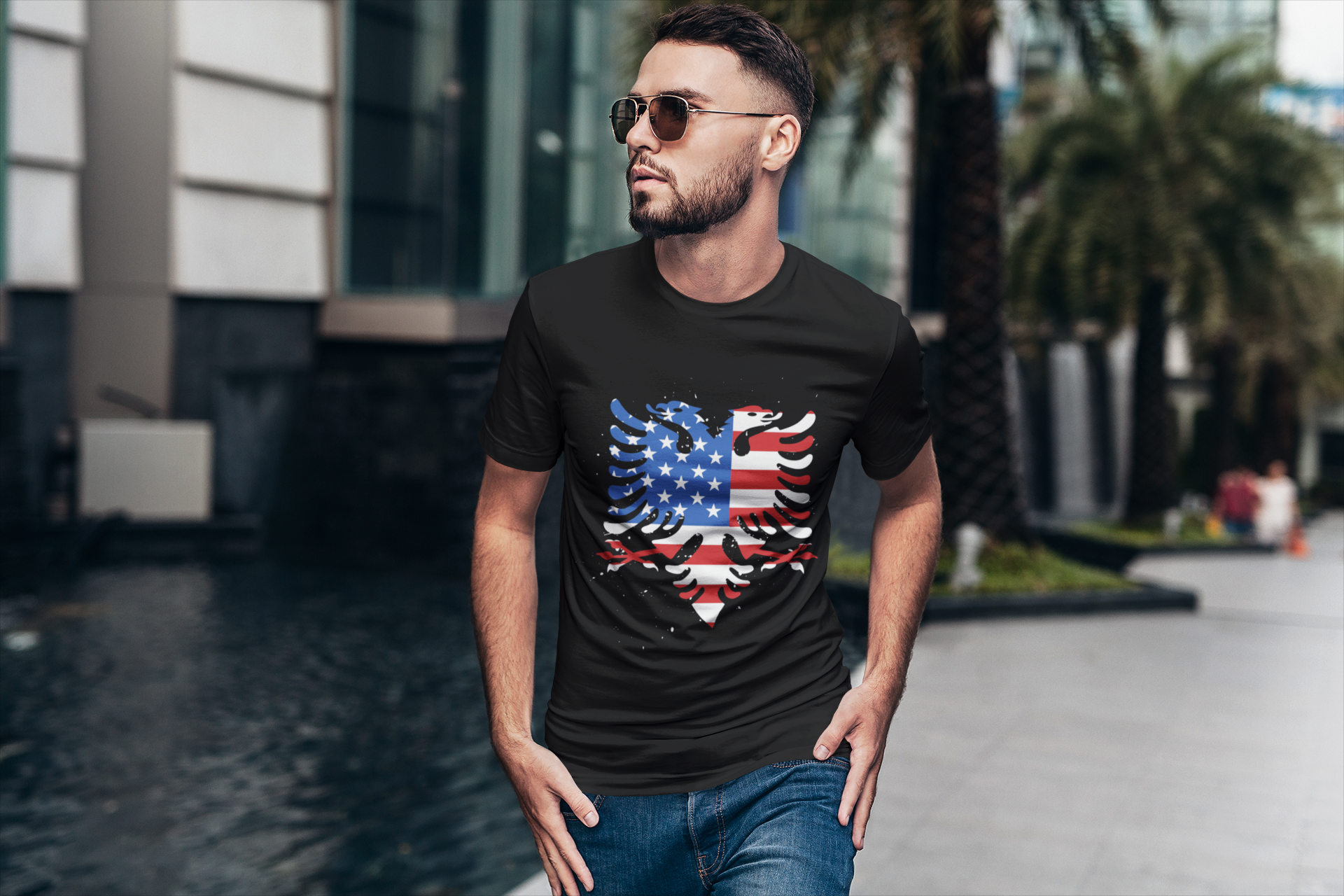 Albanian eagle in US-style T-shirt for men